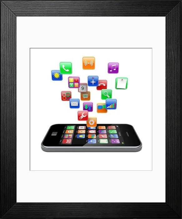 Framed Print : Mobile phone with software apps icons. 3d image Framed Print : Mobile phone with software apps icons. 3d image