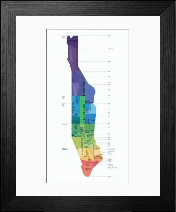 Framed Print : Vector map neighborhoods of Manhattan detailed plan of the city, districts Framed Print : Vector map neighborhoods of Manhattan detailed plan of the city, districts