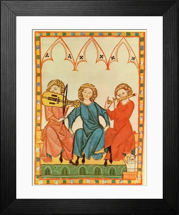 Framed Print : Musicians from the Middle Ages illumination with minstrel accompanied by viella & flute Framed Print : Musicians from the Middle Ages illumination with minstrel accompanied by viella & flute