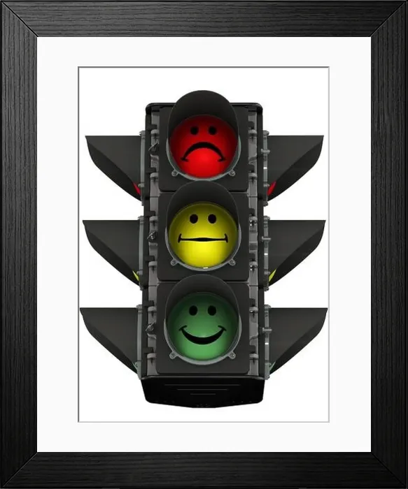 Framed Print : Traffic light of mood. Traffic lights with smiles. Isolated Framed Print : Traffic light of mood. Traffic lights with smiles. Isolated