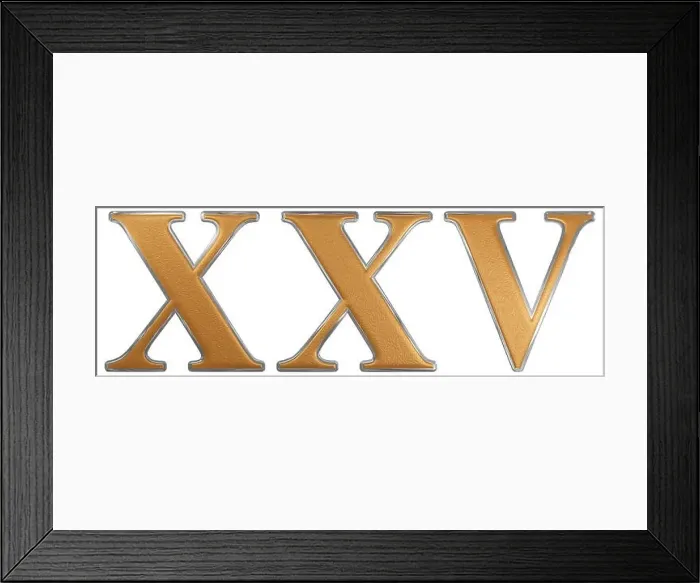 Framed Print : Roman numeral XXV, quinque et viginti, 25, twenty five, isolated on white background, 3d render Framed Print : Roman numeral XXV, quinque et viginti, 25, twenty five, isolated on white background, 3d render