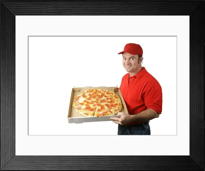 Framed Print : A pizza delivery man holding a hot fresh pepperoni pizza Isolated on white Framed Print : A pizza delivery man holding a hot fresh pepperoni pizza Isolated on white