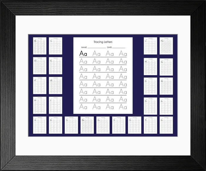 Framed Print : Alphabet tracing practice Letter A to Z. Uppercase lowercase trace practice activity page