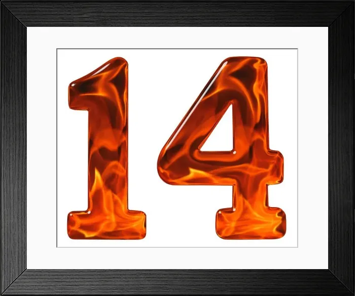 Framed Print : 14, fourteen, numeral from glass with an abstract pattern of a flaming fire, isolated on white background Framed Print : 14, fourteen, numeral from glass with an abstract pattern of a flaming fire, isolated on white background