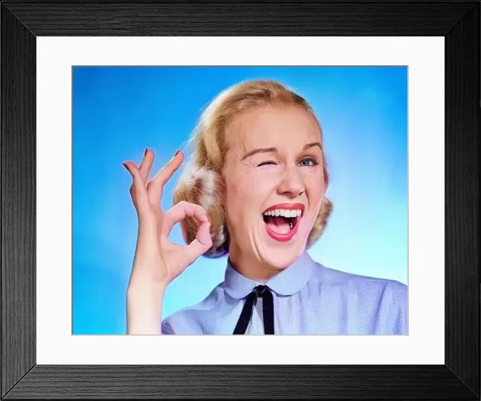 Framed Print : 1950s ENTHUSIASTIC BLOND WOMAN MOUTH OPEN WINKING EYE LOOKING AT CAMERA AND MAKING OK SIGN WITH THUMB AND FINGER Framed Print : 1950s ENTHUSIASTIC BLOND WOMAN MOUTH OPEN WINKING EYE LOOKING AT CAMERA AND MAKING OK SIGN WITH THUMB AND FINGER