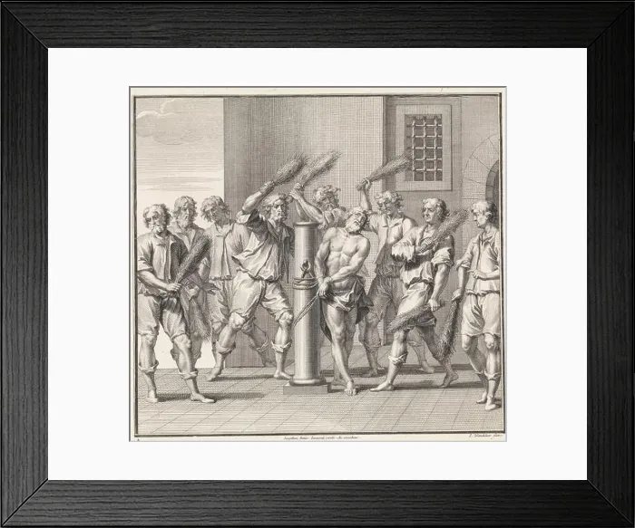 Framed Print : A martyr (Christ?) is tied to a column and flogged by men with faggots Framed Print : A martyr (Christ?) is tied to a column and flogged by men with faggots