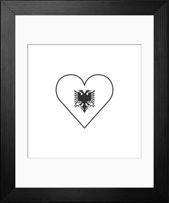 Framed Print : Albania flag icon in a heart shape in black outline flat design. Independence day or National day holiday concept