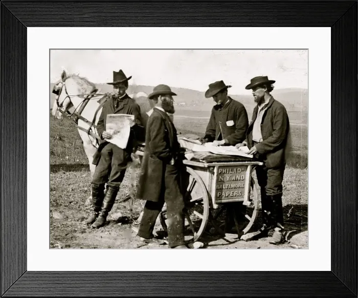Framed Print : Virginia. Newspaper vendor and cart in camp Framed Print : Virginia. Newspaper vendor and cart in camp