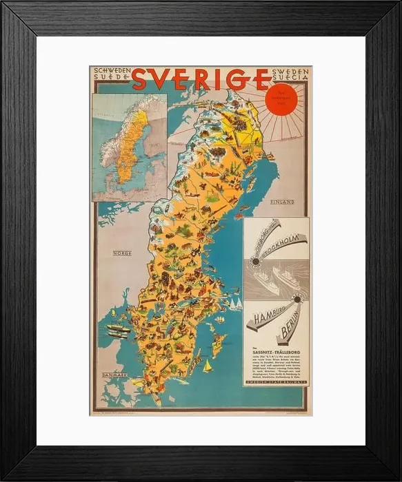 Framed Print : SVERIGE - Sverigekarta - Swedish Map - Swedish State Railway 1931 Framed Print : SVERIGE - Sverigekarta - Swedish Map - Swedish State Railway 1931
