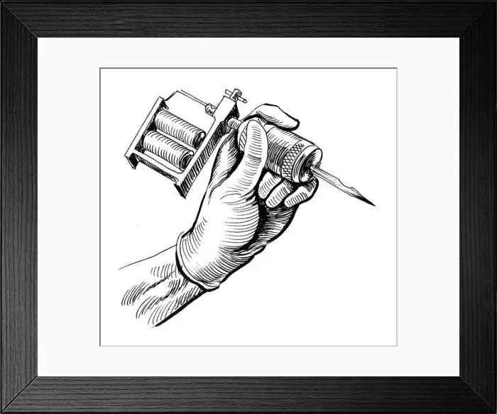 Framed Print : Hand with a tattoo machine. ink black and white illustration Framed Print : Hand with a tattoo machine. ink black and white illustration