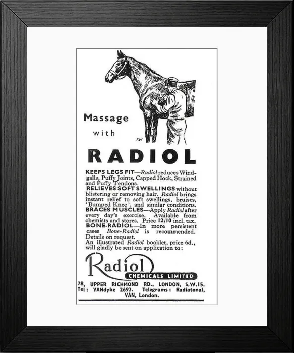 Framed Print : Radiol Chemicals Ltd horse equestrian care product advert, advertising in Country Life magazine UK 1951 Framed Print : Radiol Chemicals Ltd horse equestrian care product advert, advertising in Country Life magazine UK 1951