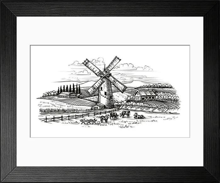 Framed Print : Rural landscape, village sketch. Agriculture, farming vintage Framed Print : Rural landscape, village sketch. Agriculture, farming vintage