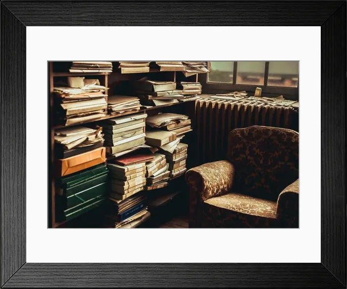 Framed Print : Composition of vintage armchair near shelves with piles of documents in room Framed Print : Composition of vintage armchair near shelves with piles of documents in room