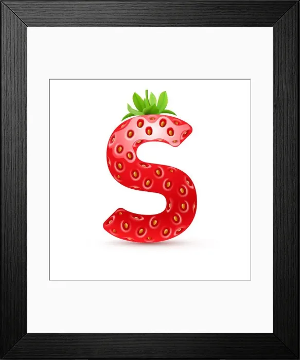 Framed Print : Letters in strawberry style with green leaves