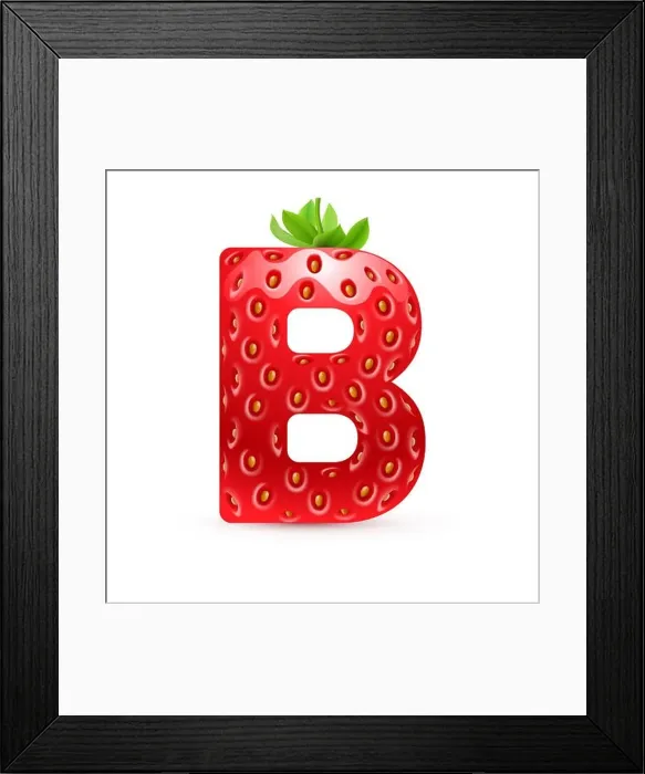 Framed Print : Letter B in strawberry style with green leaves Framed Print : Letter B in strawberry style with green leaves