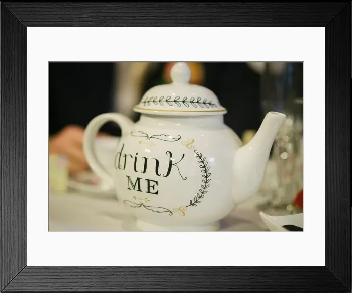 Framed Print : teapot with drink me written on. Mad hatter's tea party Framed Print : teapot with drink me written on. Mad hatter's tea party