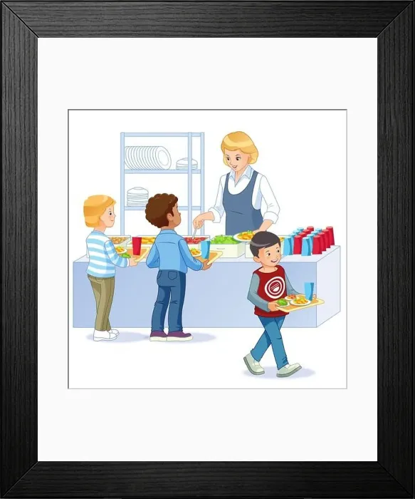 Framed Print : Kids in a Canteen Buying and Eating Lunch. Back to school. Cartoon vector isolated illustration Framed Print : Kids in a Canteen Buying and Eating Lunch. Back to school. Cartoon vector isolated illustration