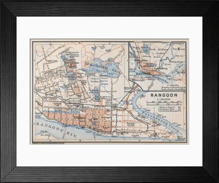 Framed Print : Burma / Myanmar: Map of Rangoon (Yangon) by Ernst Debes (1840-1923) & Henrich Wagner (1846-1921) Framed Print : Burma / Myanmar: Map of Rangoon (Yangon) by Ernst Debes (1840-1923) & Henrich Wagner (1846-1921)