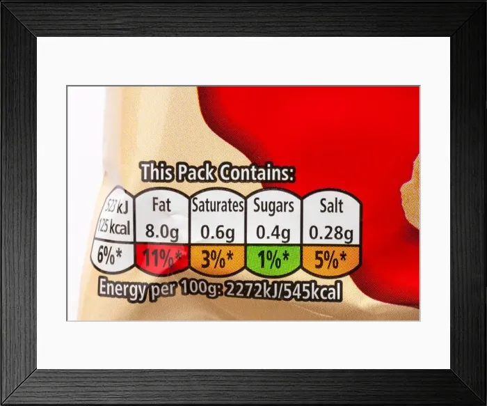 Framed Print : Nutritional information traffic lights system labelling colour coded label on packet of Walkers Crinkles simply salted Framed Print : Nutritional information traffic lights system labelling colour coded label on packet of Walkers Crinkles simply salted