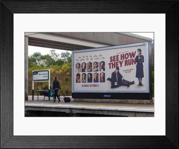 Framed Print : See how they run billboard at Milton Keynes Central railway train station at Milton Keynes