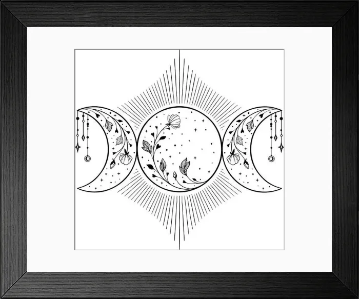 Framed Print : Triple moon symbol with flowers and stars Framed Print : Triple moon symbol with flowers and stars