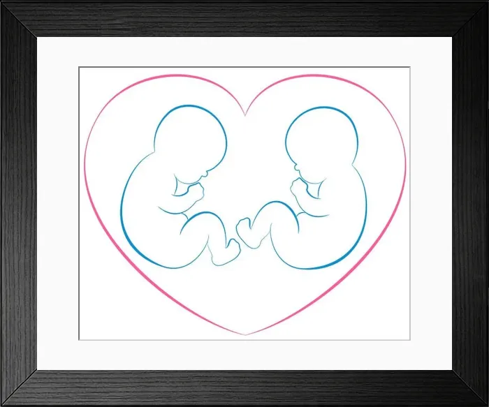 Framed Print : Outline illustration of two babies or twins with a pink heart around them Framed Print : Outline illustration of two babies or twins with a pink heart around them