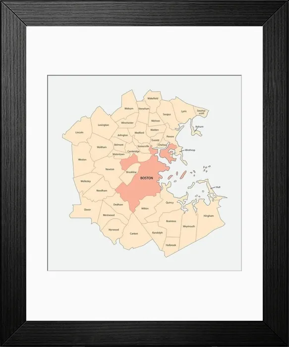 Framed Print : metro-boston area map Framed Print : metro-boston area map