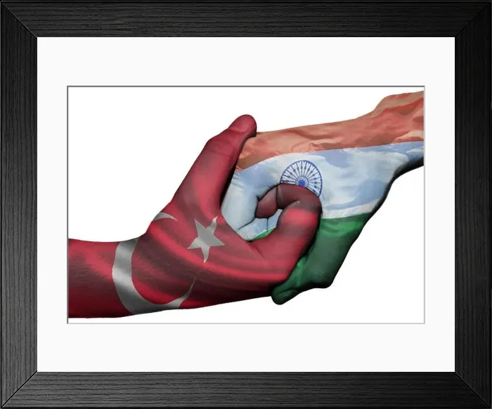 Framed Print : Diplomatic handshake between countries: flags of Turkey and India overprinted the two hands Framed Print : Diplomatic handshake between countries: flags of Turkey and India overprinted the two hands