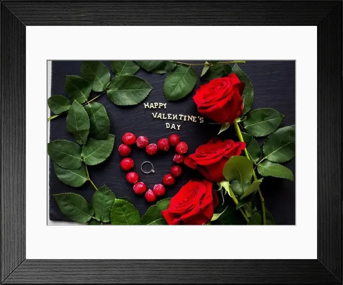 Framed Print : Happy Valentine inscription, cherries in a heart with red roses, rings, close-up Framed Print : Happy Valentine inscription, cherries in a heart with red roses, rings, close-up