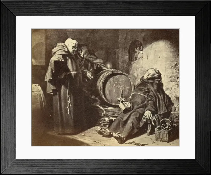 Framed Print : Discovering the drunken friar in the wine cellar, painting by unidentified artist, Italy 1880 Framed Print : Discovering the drunken friar in the wine cellar, painting by unidentified artist, Italy 1880