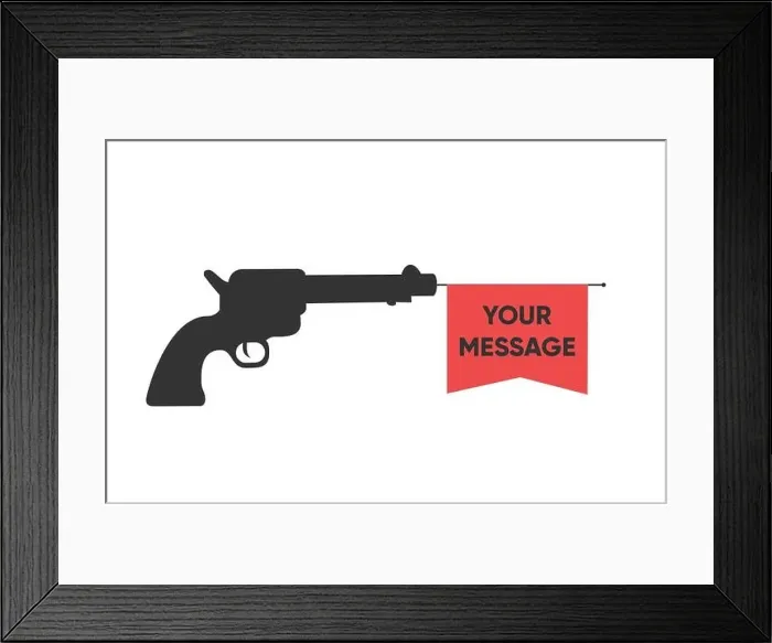 Framed Print : Shooting gun with vector flag and YOUR MESSAGE template. Weapon pistol vector illustration isolated Framed Print : Shooting gun with vector flag and YOUR MESSAGE template. Weapon pistol vector illustration isolated