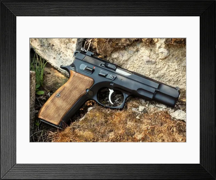 Framed Print : black 9mm pistol on a background of stones and moss Framed Print : black 9mm pistol on a background of stones and moss