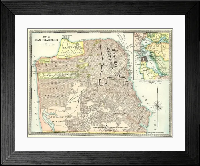 Framed Print : SAN FRANCISCO town / city plan showing area destroyed in 1906 earthquake, 1907 map Framed Print : SAN FRANCISCO town / city plan showing area destroyed in 1906 earthquake, 1907 map