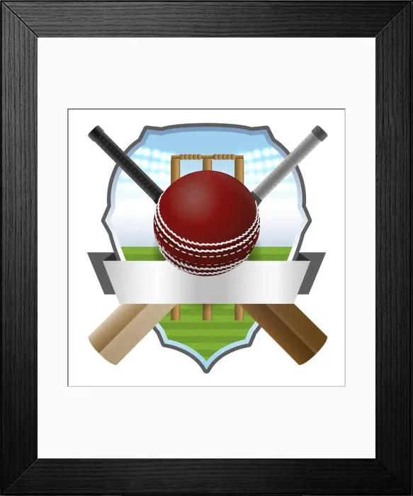 Framed Print : Cricket bats and ball in front of a wicket and athletic badge Framed Print : Cricket bats and ball in front of a wicket and athletic badge