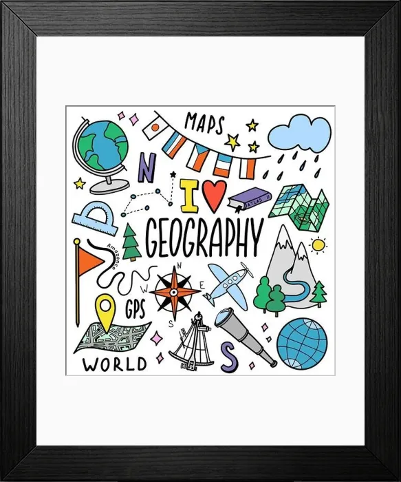 Framed Print : Geography and geology education subject handwriting doodle icon of earth exploration and map design sign Framed Print : Geography and geology education subject handwriting doodle icon of earth exploration and map design sign