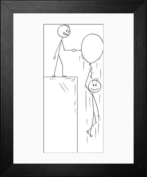 Framed Print : Cartoon stick figure drawing conceptual illustration of happy man or businessman flying up on inflatable party balloon Framed Print : Cartoon stick figure drawing conceptual illustration of happy man or businessman flying up on inflatable party balloon