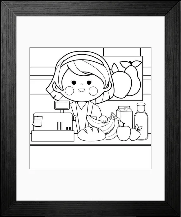 Framed Print : Grocery store employee at the counter. Black and white coloring page Framed Print : Grocery store employee at the counter. Black and white coloring page