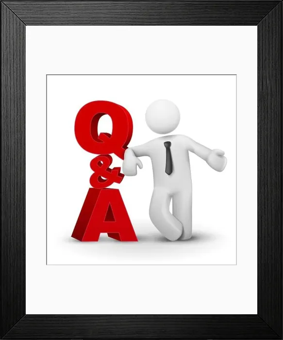 Framed Print : 3d businessman presenting concept word Q&A isolated white background Framed Print : 3d businessman presenting concept word Q&A isolated white background