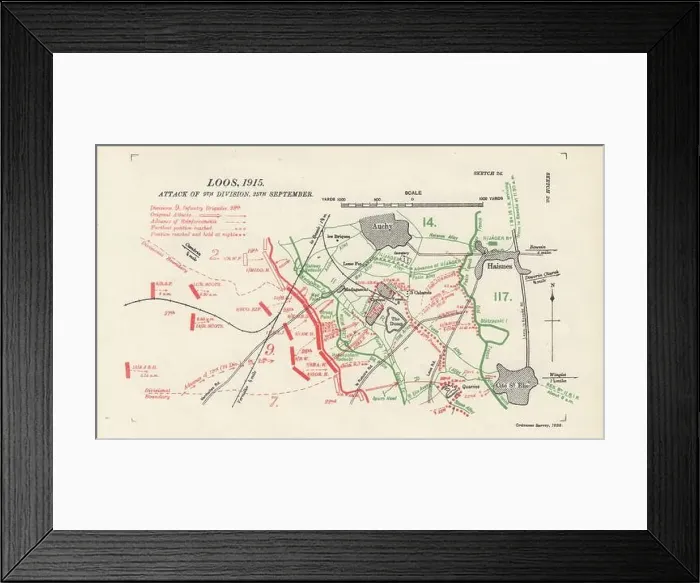 Framed Print : Battle of Loos, 9th Division attack, 25th September 1915. WW1. Trenches 1928 map Framed Print : Battle of Loos, 9th Division attack, 25th September 1915. WW1. Trenches 1928 map