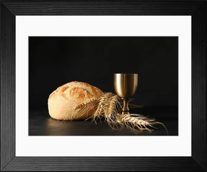 Framed Print : Cup of wine with bread on dark background Framed Print : Cup of wine with bread on dark background