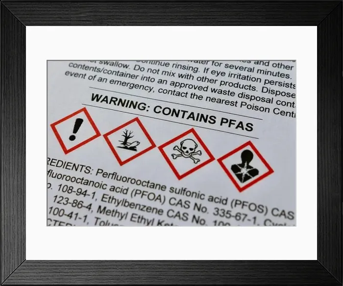 Framed Print : Warning on a Safety Data Sheet showing that the product contains PFAS substances Framed Print : Warning on a Safety Data Sheet showing that the product contains PFAS substances