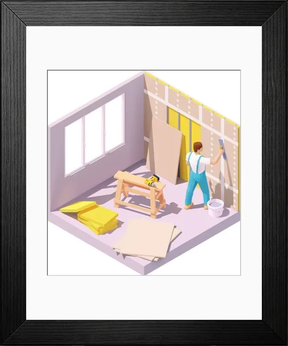 Framed Print : Vector isometric worker plastering wall Framed Print : Vector isometric worker plastering wall