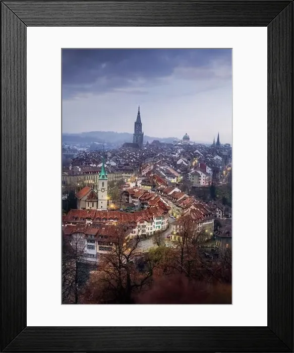 Framed Print : Illuminated view of Bern Old Town at sunset with Bern Minster and Nydeggkirche Church - Bern, Switzerland Framed Print : Illuminated view of Bern Old Town at sunset with Bern Minster and Nydeggkirche Church - Bern, Switzerland
