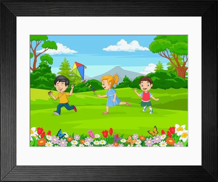 Framed Print : Cartoon little kids playing in the garden Framed Print : Cartoon little kids playing in the garden