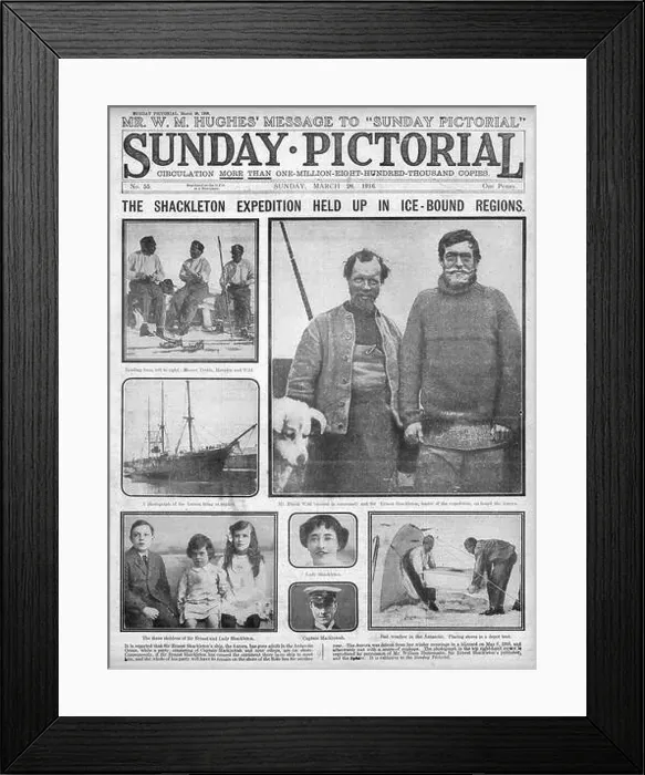 Framed Print : 1916 Sunday Pictorial front page reporting Sir Ernest Shackleton South Pole Expedition Framed Print : 1916 Sunday Pictorial front page reporting Sir Ernest Shackleton South Pole Expedition