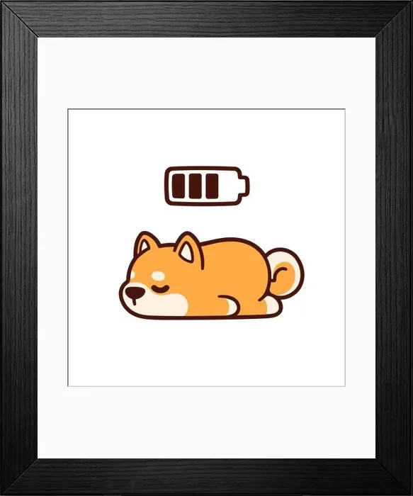 Framed Print : Cute cartoon Shiba Inu puppy taking power nap with charging battery. Adorable sleeping dog drawing, vector illustration Framed Print : Cute cartoon Shiba Inu puppy taking power nap with charging battery. Adorable sleeping dog drawing, vector illustration