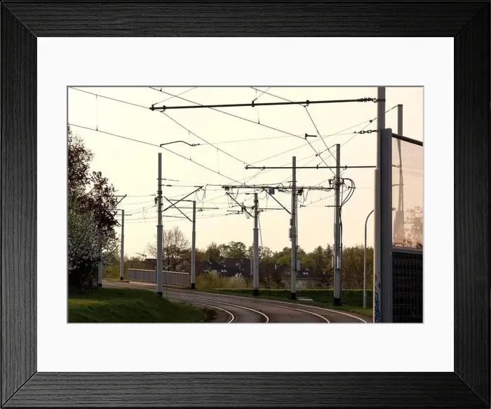 Framed Print : Tram rails and cables scenery. Tramway tracks and traction photo Framed Print : Tram rails and cables scenery. Tramway tracks and traction photo