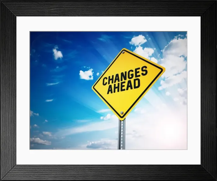 Framed Print : Changes ahead sign against blue sky. 3D illustration Framed Print : Changes ahead sign against blue sky. 3D illustration