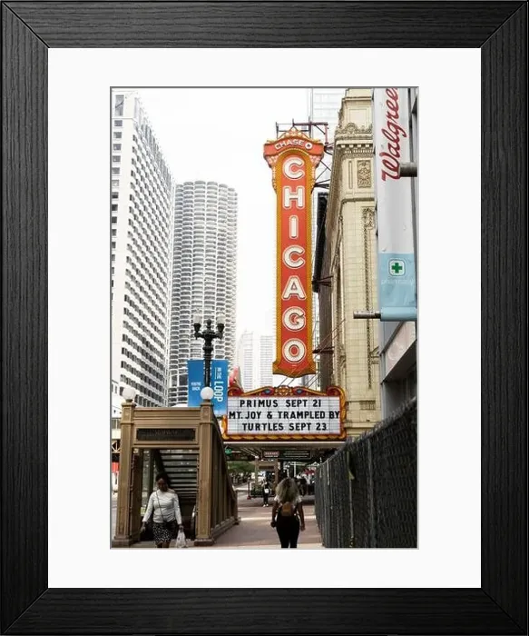 Framed Print : The sign and marquee outside the Chicago Theatre on North State Street in Chicago, Illinois, USA, in the summer of 2021 Framed Print : The sign and marquee outside the Chicago Theatre on North State Street in Chicago, Illinois, USA, in the summer of 2021