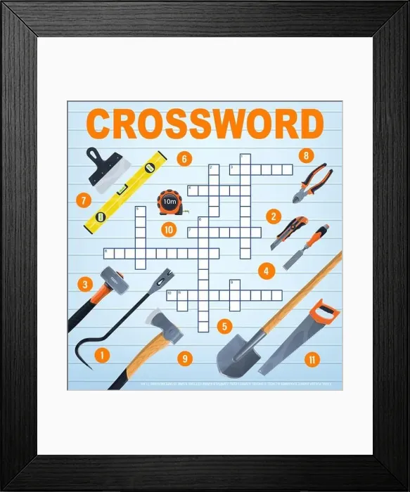 Framed Print : DIY repair tools, crossword grid to find word Framed Print : DIY repair tools, crossword grid to find word